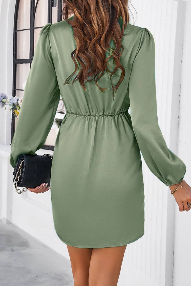 CWDSD6008_FALL V-NECK LONG SLEEVE PUFFED SLEEVE DRESS SHORT
