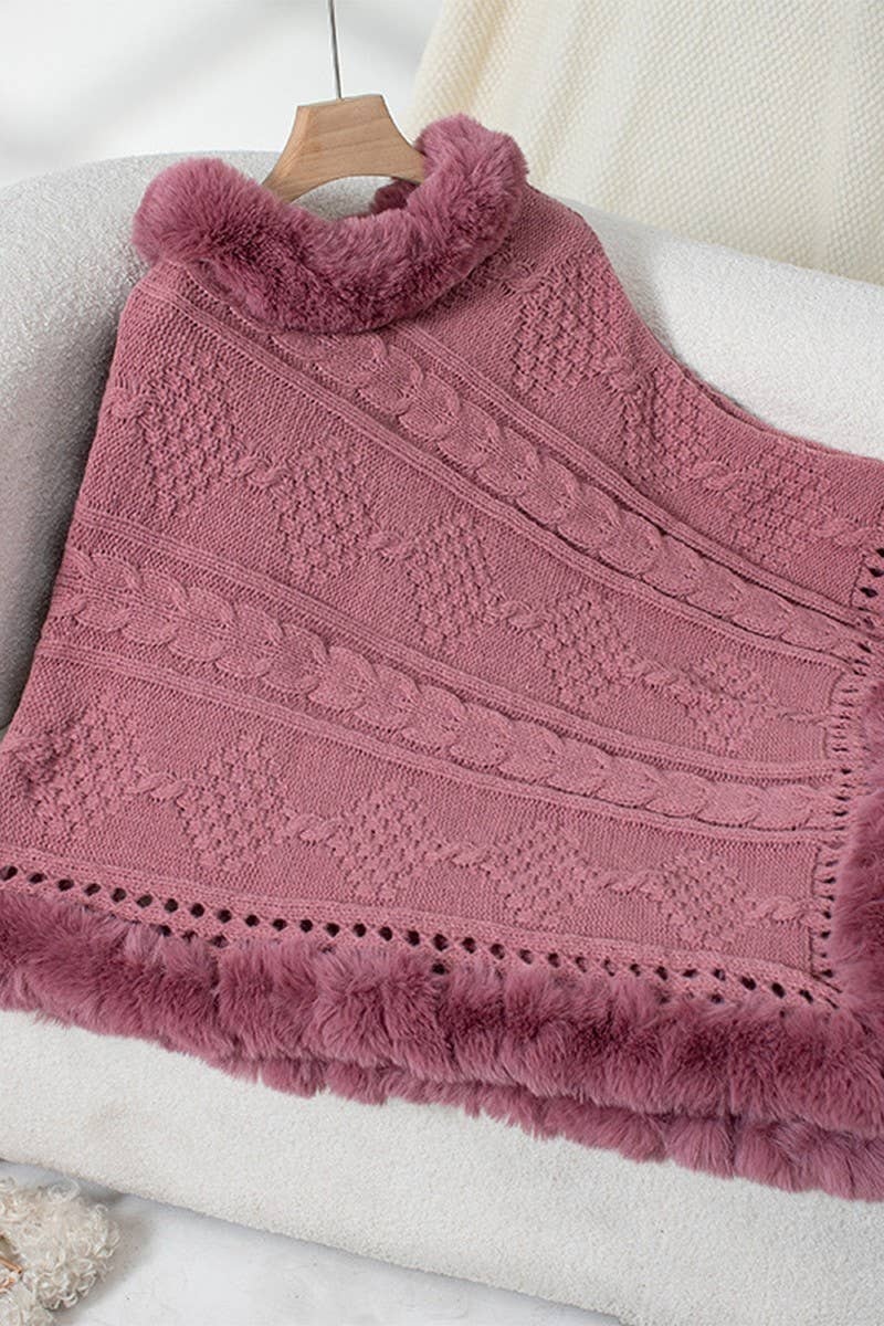 CWOSWS0093_FAUX RABBIT FUR COLLAR CABLE SWEATER CAPE COAT