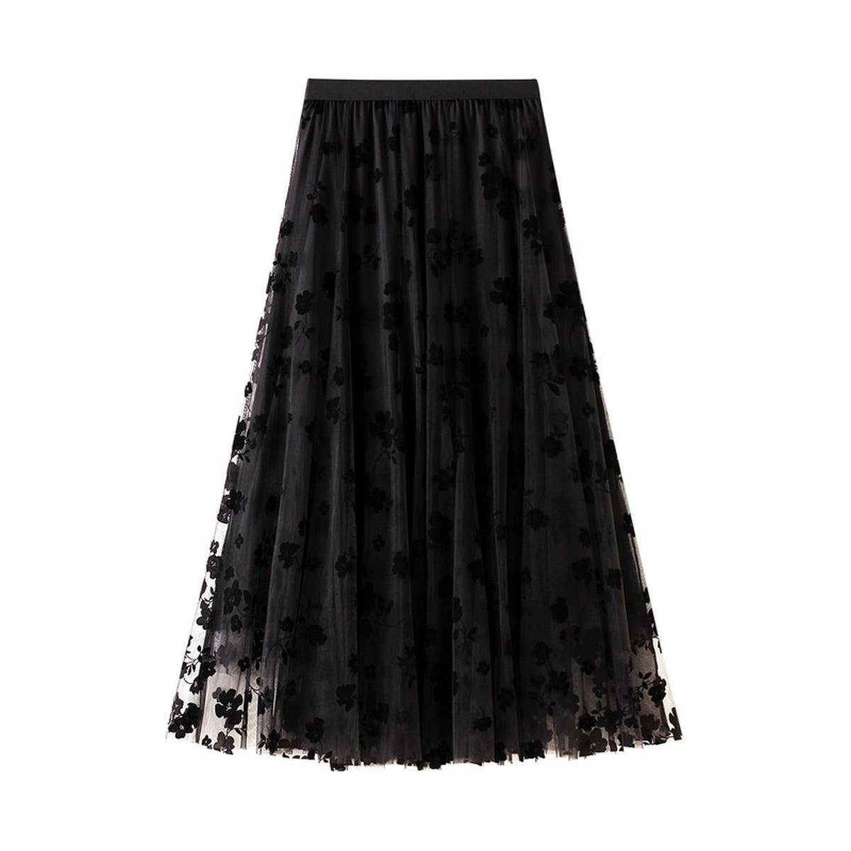 Flocked Tulle Pleated Slim Fit Midi Skirt
