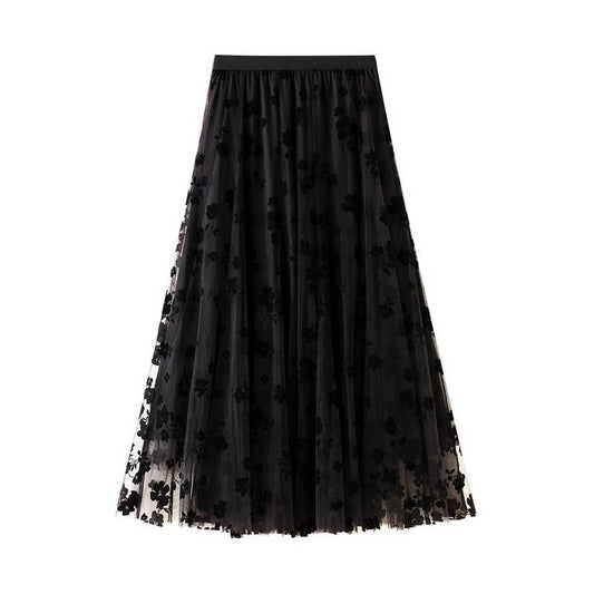 Flocked Tulle Pleated Slim Fit Midi Skirt