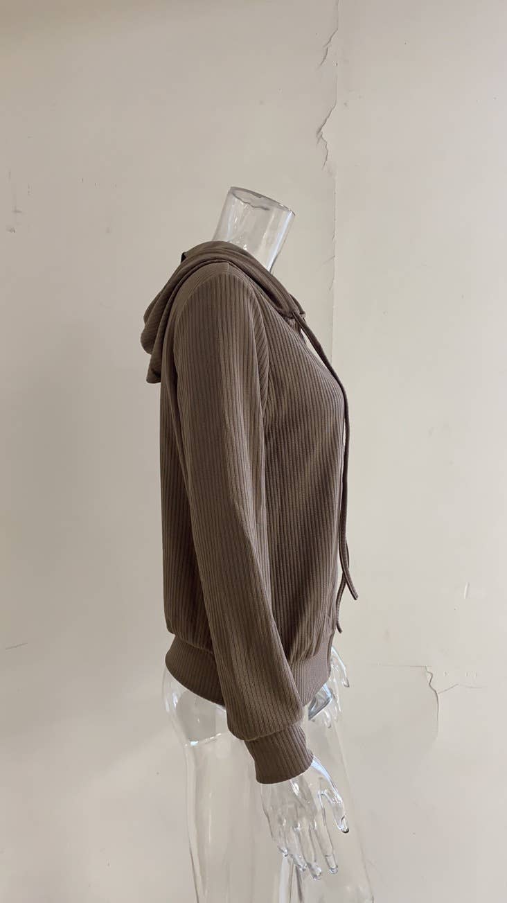 SOLID COLOR KNIT ZIPPER HOODED CARDIGAN COAT