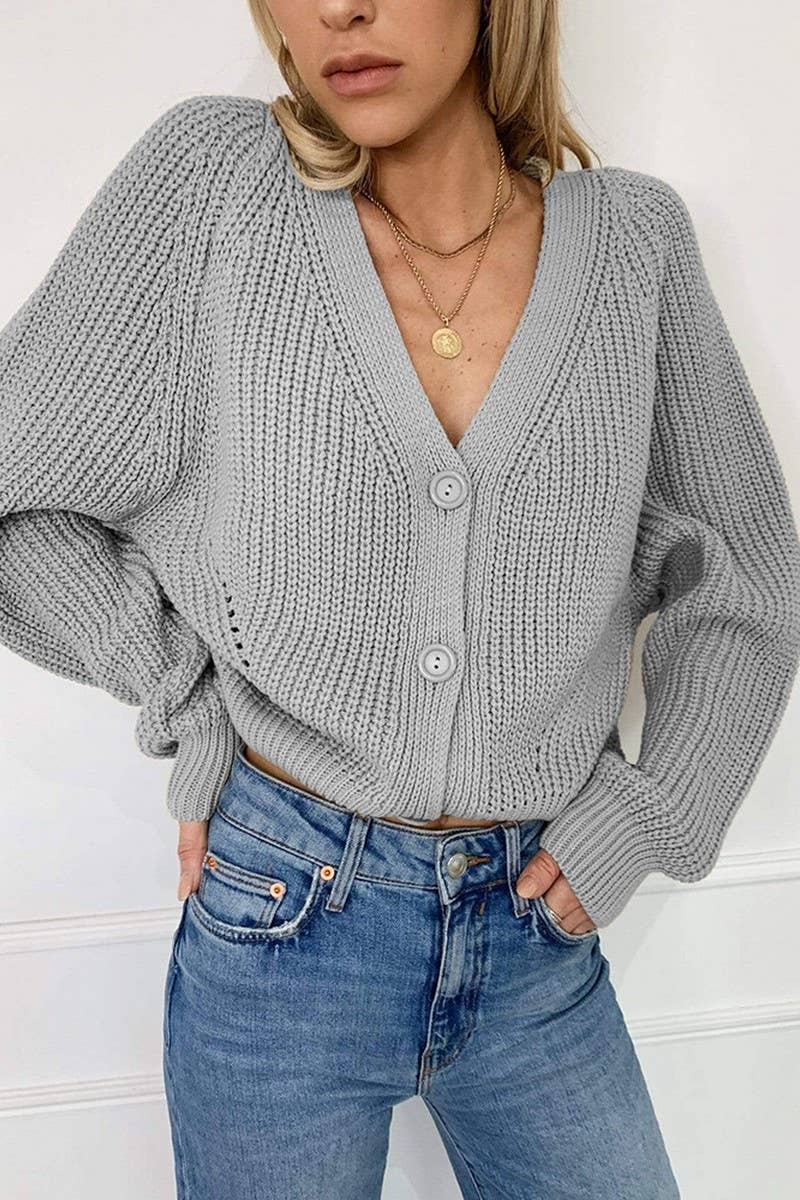 Solid color V-neck lantern sleeve button knit cardigan