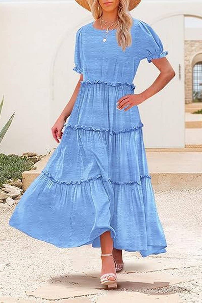 CWDMD6366_ROUND NECK PUFF SLEEVE RUFFLE PRINTED DRESS