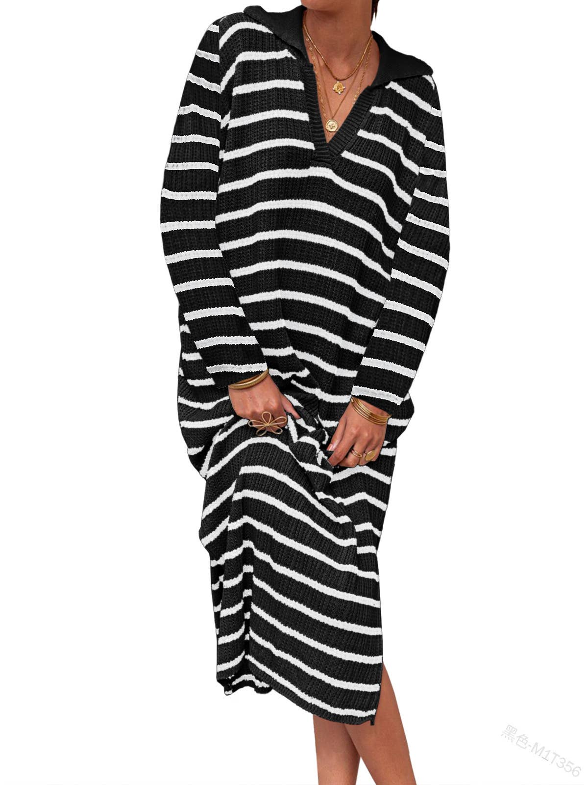 LONG V-NECK STRIPES LOW SLIT LAPELS SWEATER DRESS