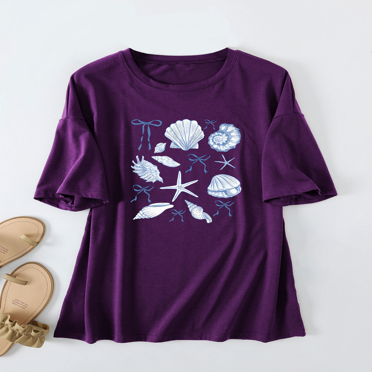 Cute Bow Print T-Shirt for Women, Shell Neckline