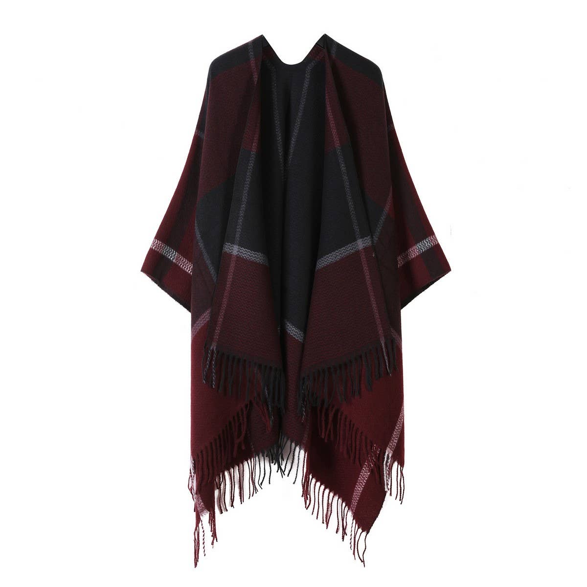 FRINGED SHAWL PLAID SCARF FAUX CASHMERE SLIT CAPE