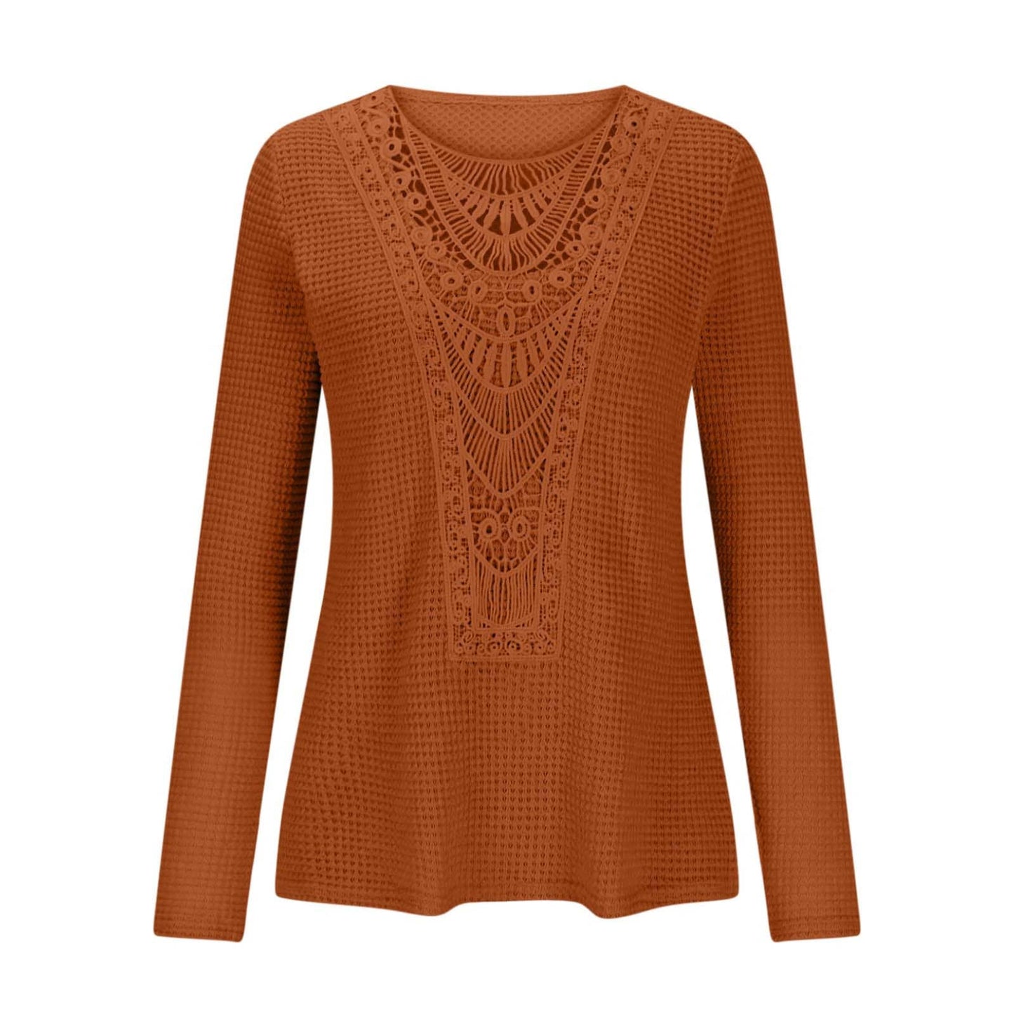Solid-color teak lace patchwork top T-shirt