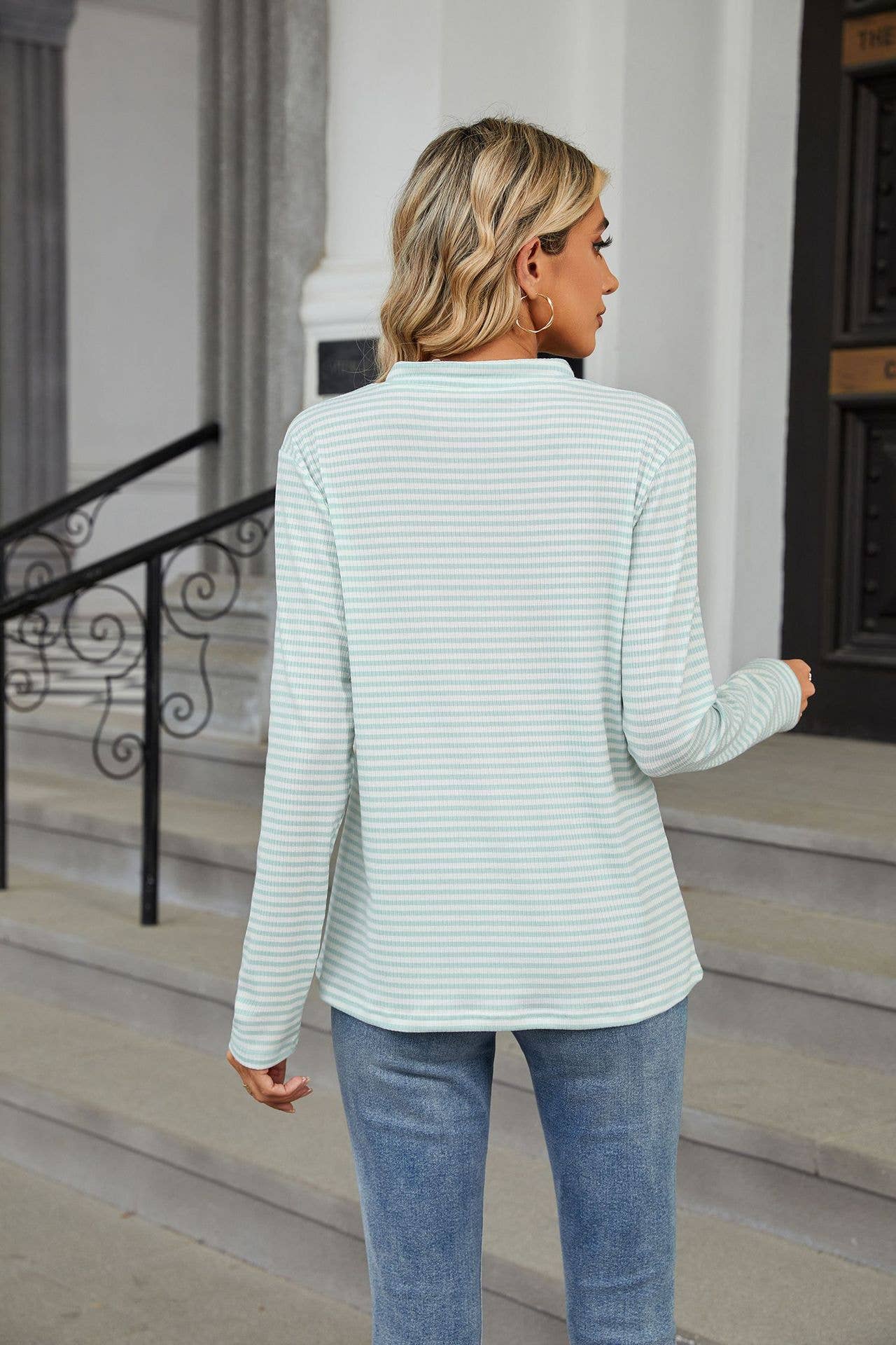 V-NECK BUTTON-STRIPED LONG-SLEEVED CASUAL T-SHIRT