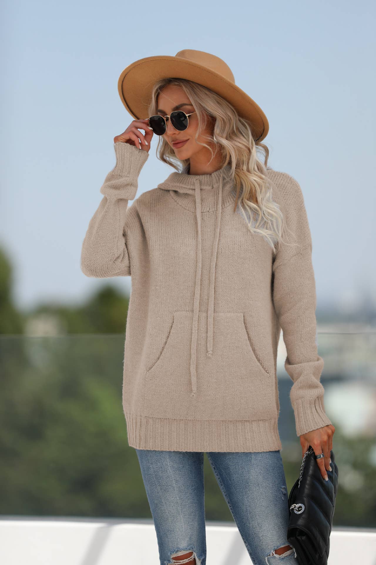 SOLID COLOR KANGAROO POCKET HOODED SWEATER