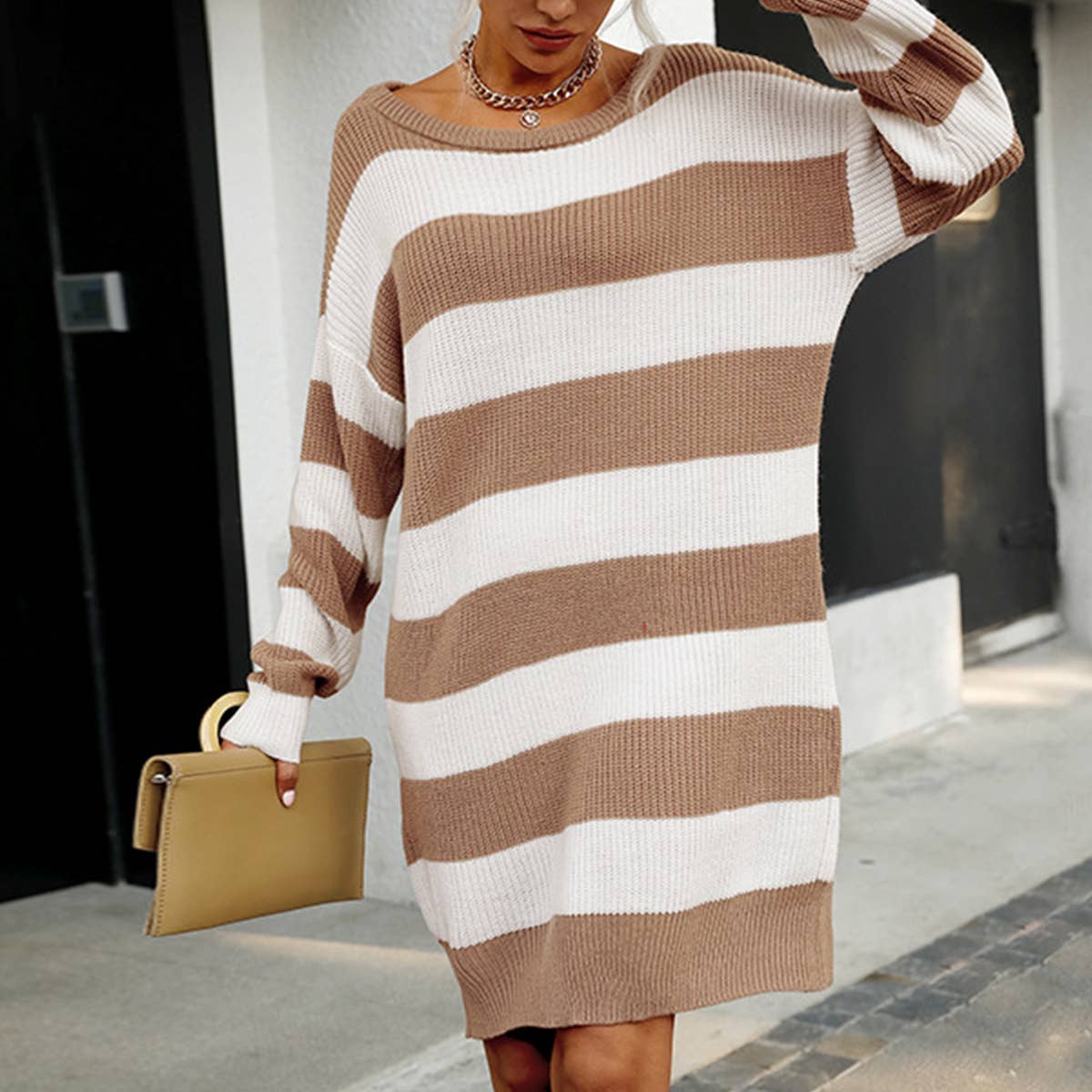 Slouchy sweater with striped down rotator sleeves