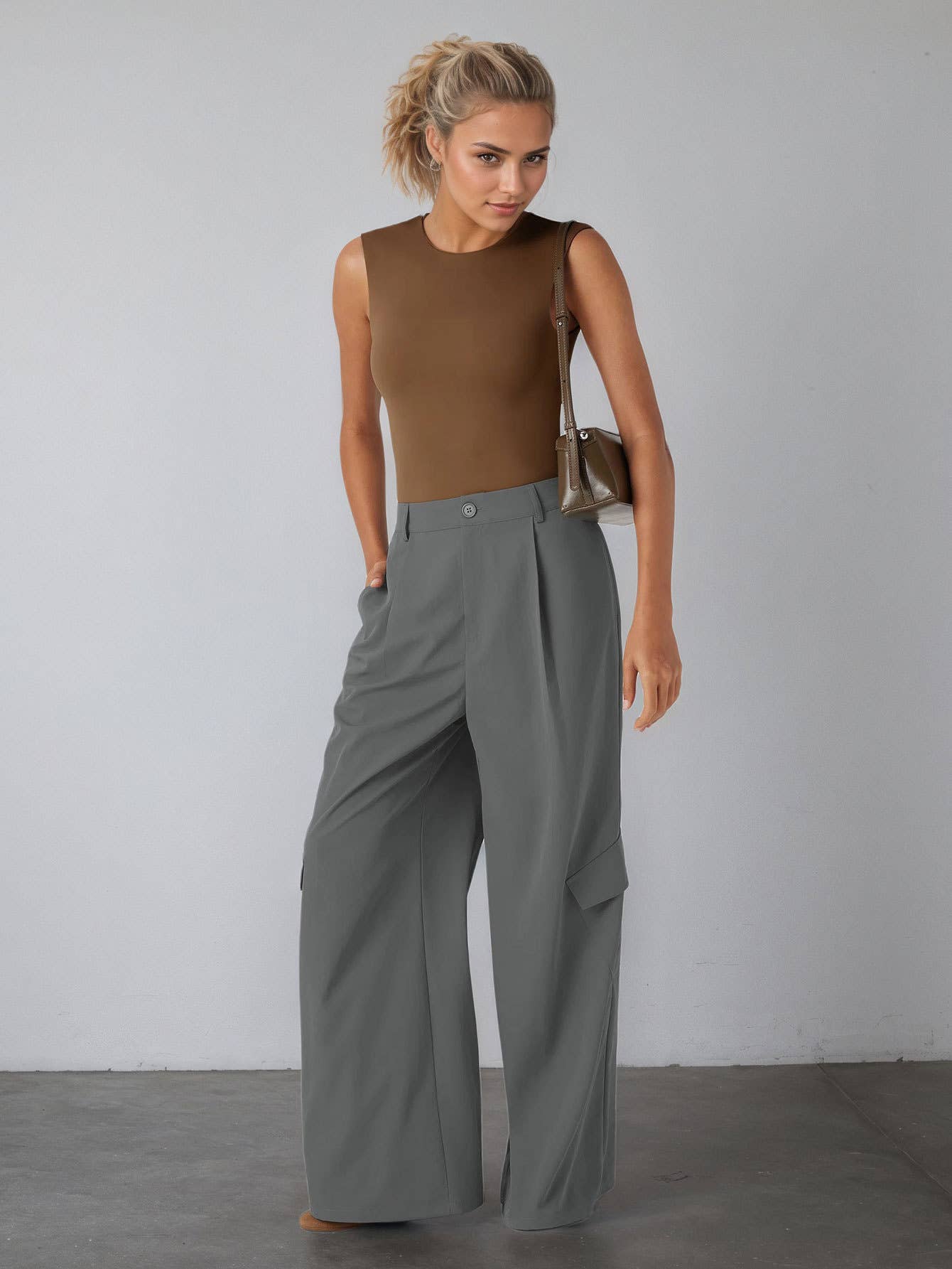 Solid-color high-waisted straight-leg workwear