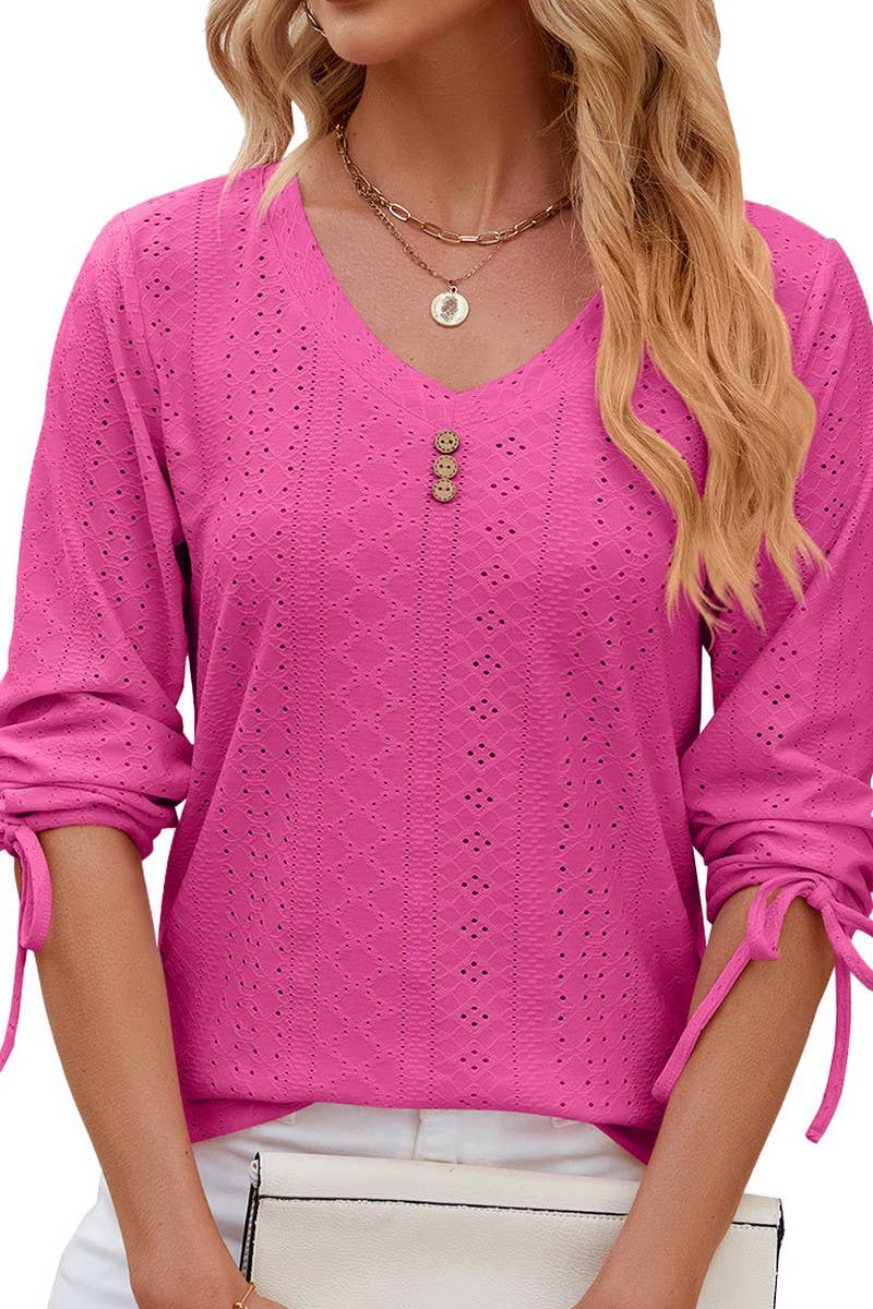 V NECK BUTTON DRAWSTRING T SHIRT_CWTSTS0191