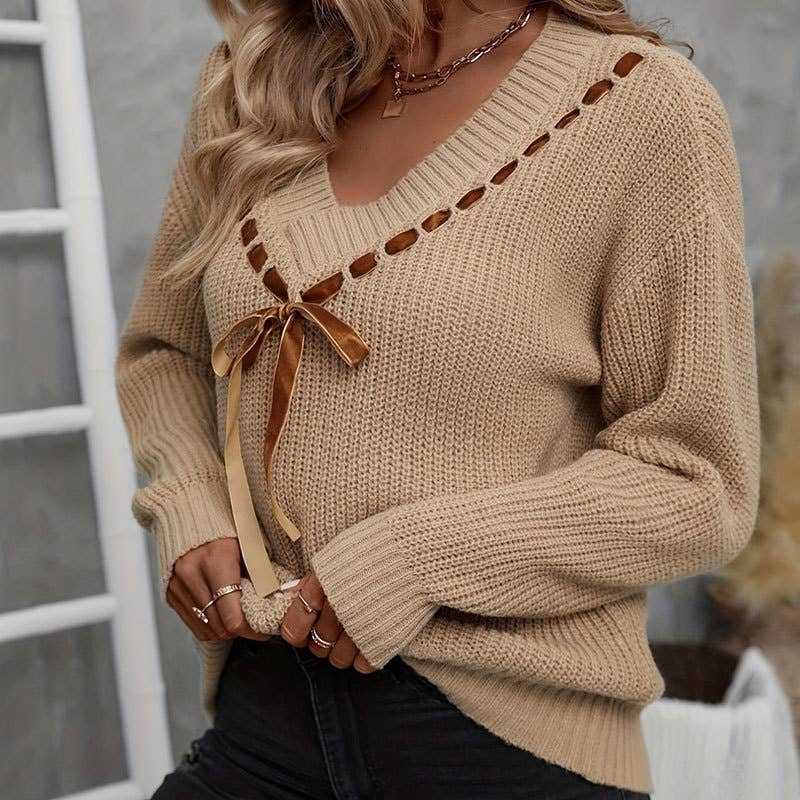 V-NECK BOW LACE-UP ALL-IN-ONE PULLOVER SWEATER