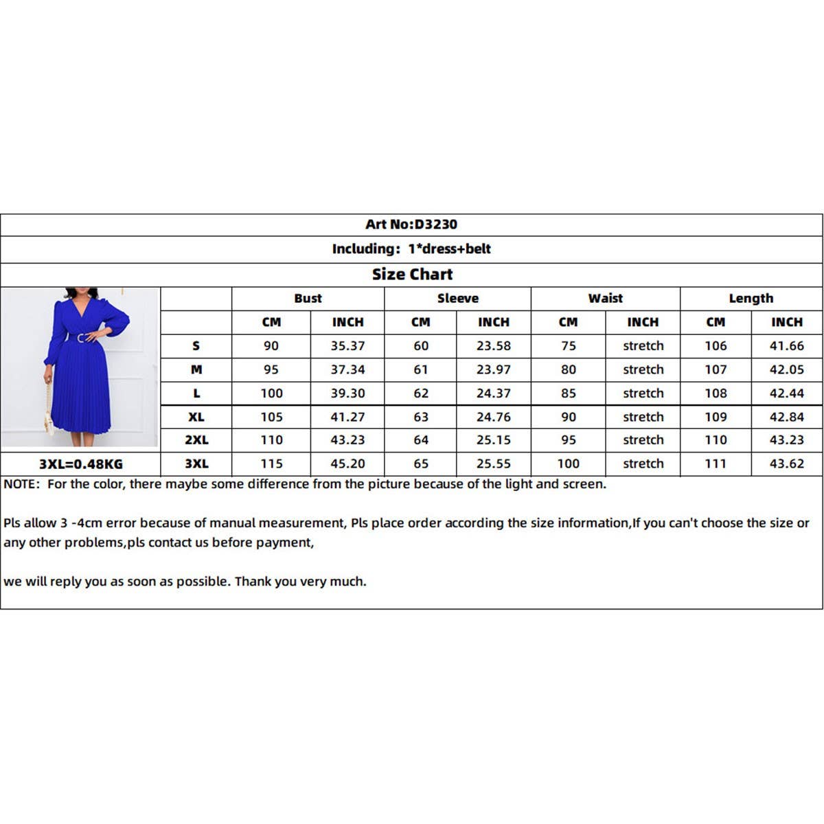 FASHION LONG SLEEVE V-NECK PLEATED MIDI DRESS_CWDMD3669