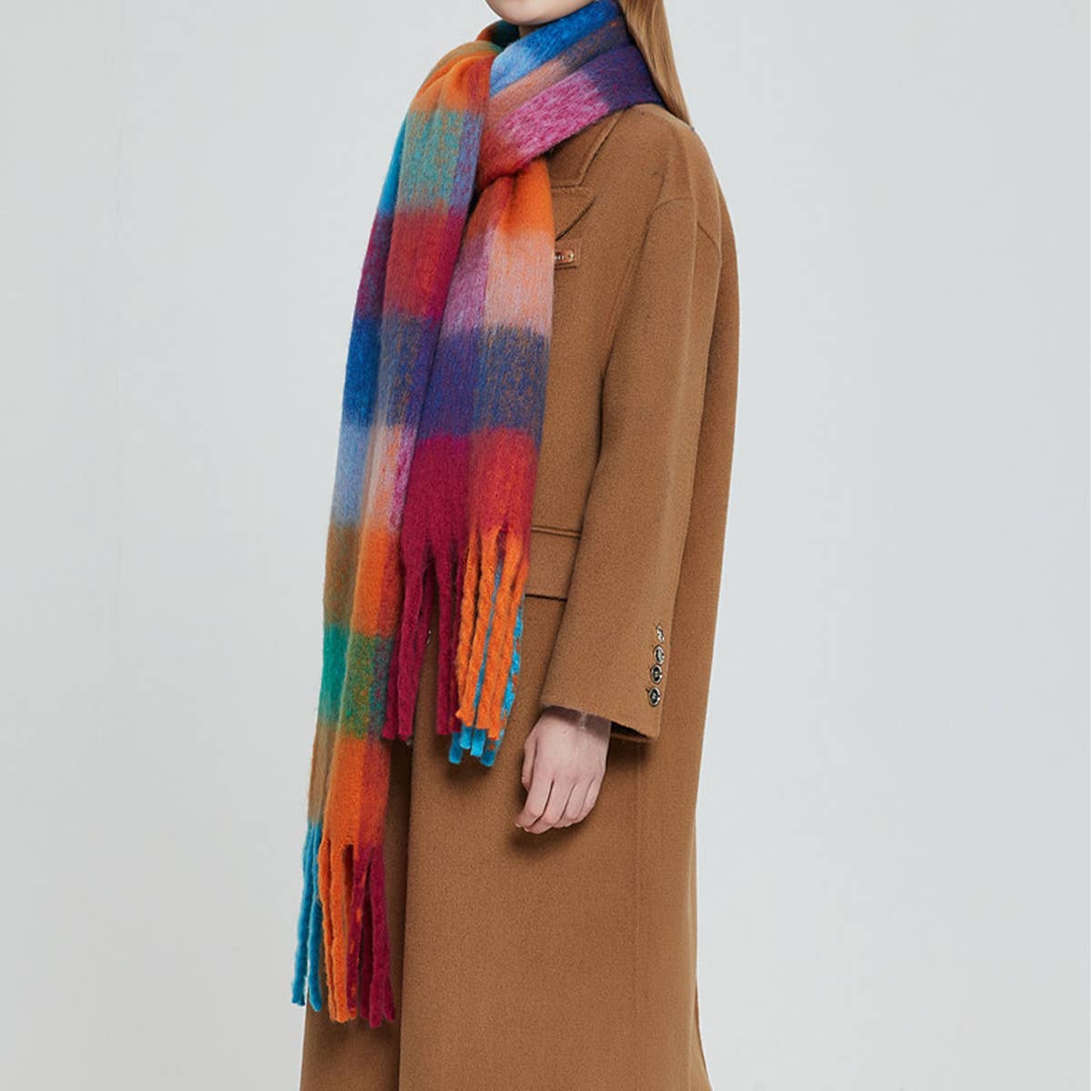 Rainbow Plaid Fuzzy Scarf--Thick Winter Shawl Wrap_CWASC1051