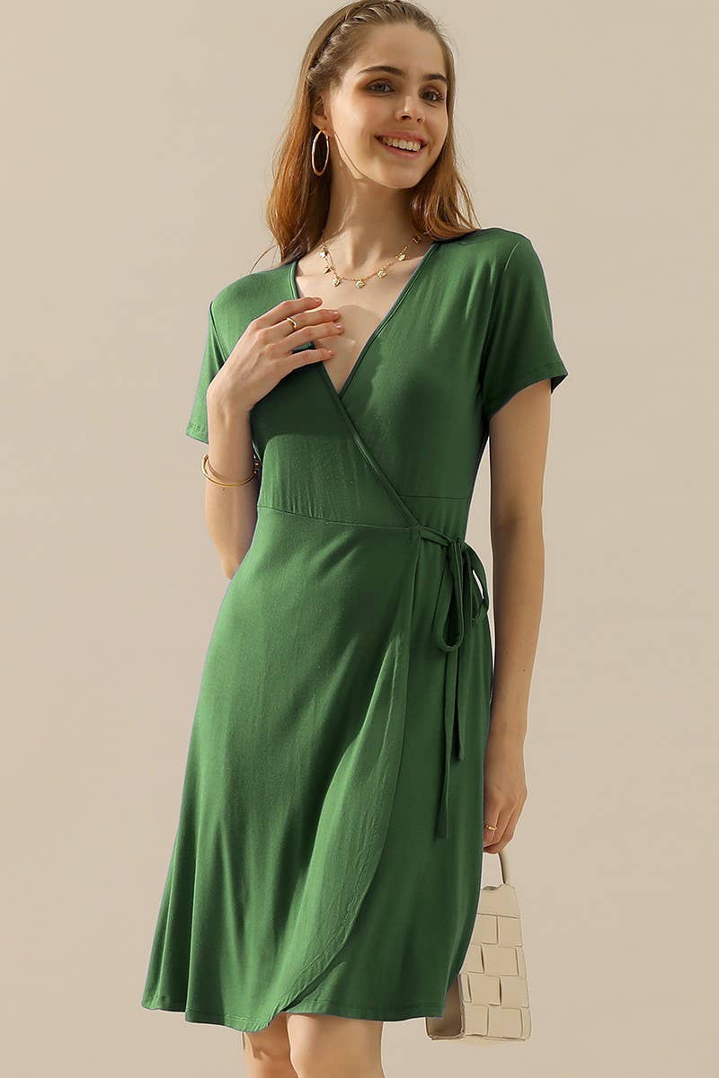 CWDSD10372_V NECK CASUALSHORT SLEEVE WRAP DRESSES