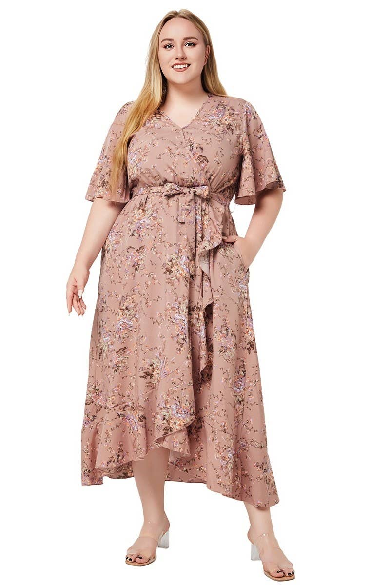 CWDMD3232_PLUS SIZED V-NECK RUFFLED PRINT POCKET DRESS