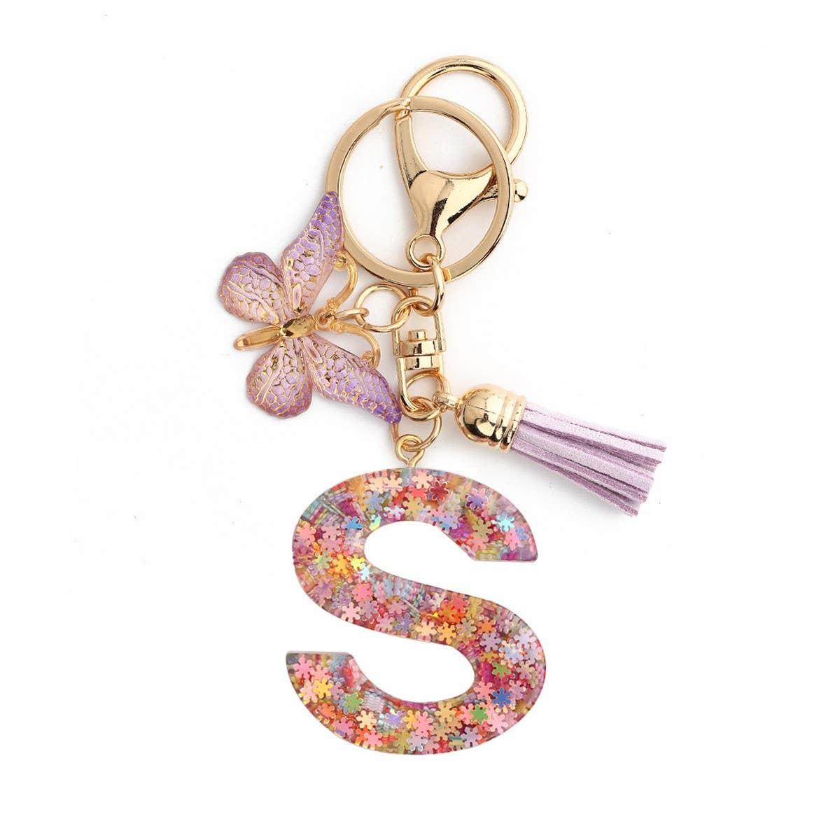 Pink Snowflake Letter Butterfly Keychain_CWMM6865