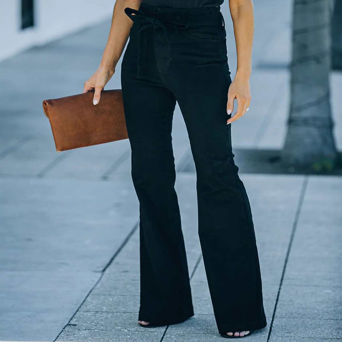 Women??¢s Tie Waist Flared Jeans ??Stretch Denim _CWJP0622