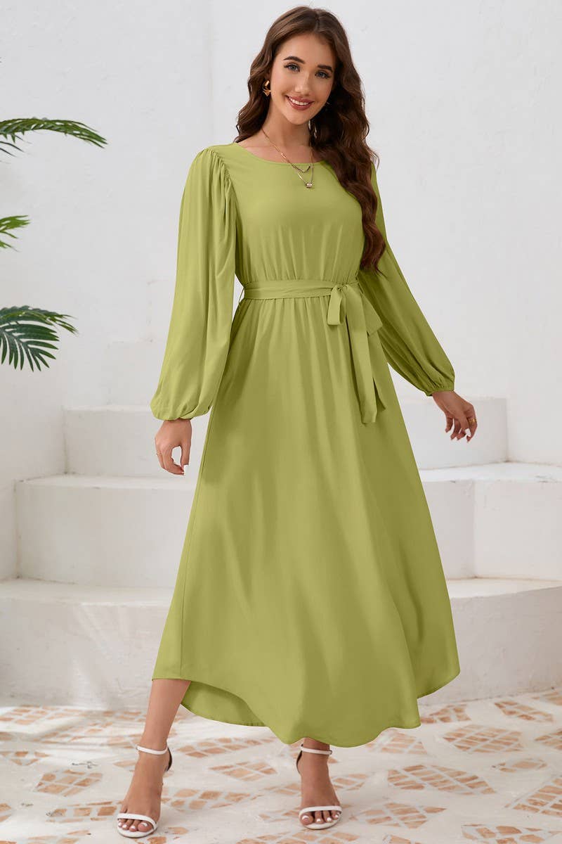 CWDMD4001_ROUND NECK TIE BUBBLE LONG SLEEVE DRESS