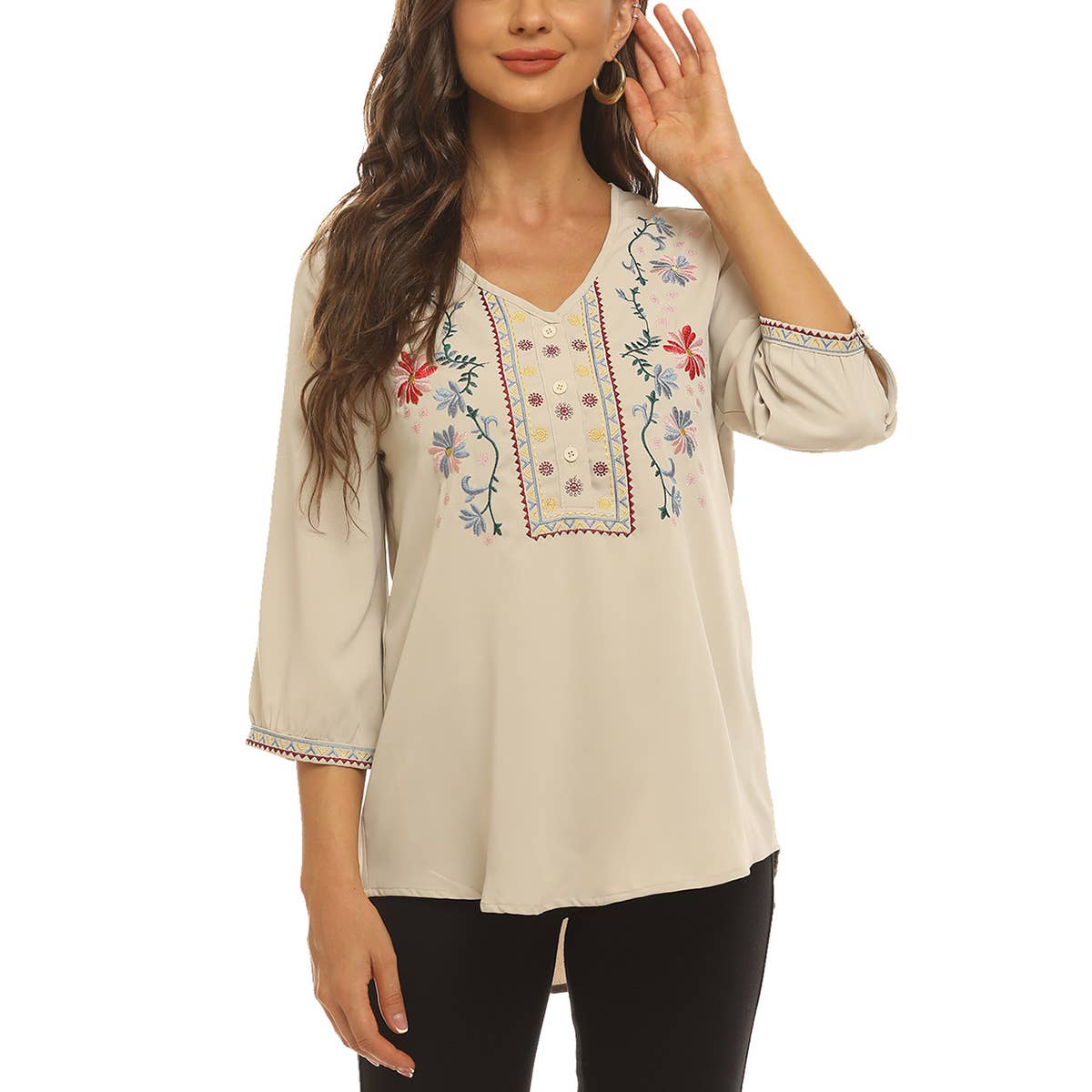 VINTAGE V-NECK EMBROIDERED LOOSE BLOUSE