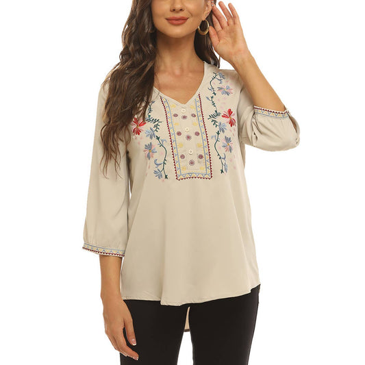 VINTAGE V-NECK EMBROIDERED LOOSE BLOUSE