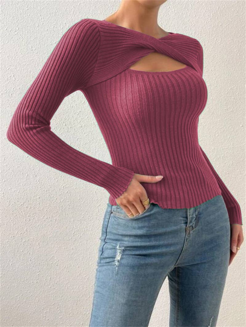 Sexy cut-out pullover solid-color knitted top
