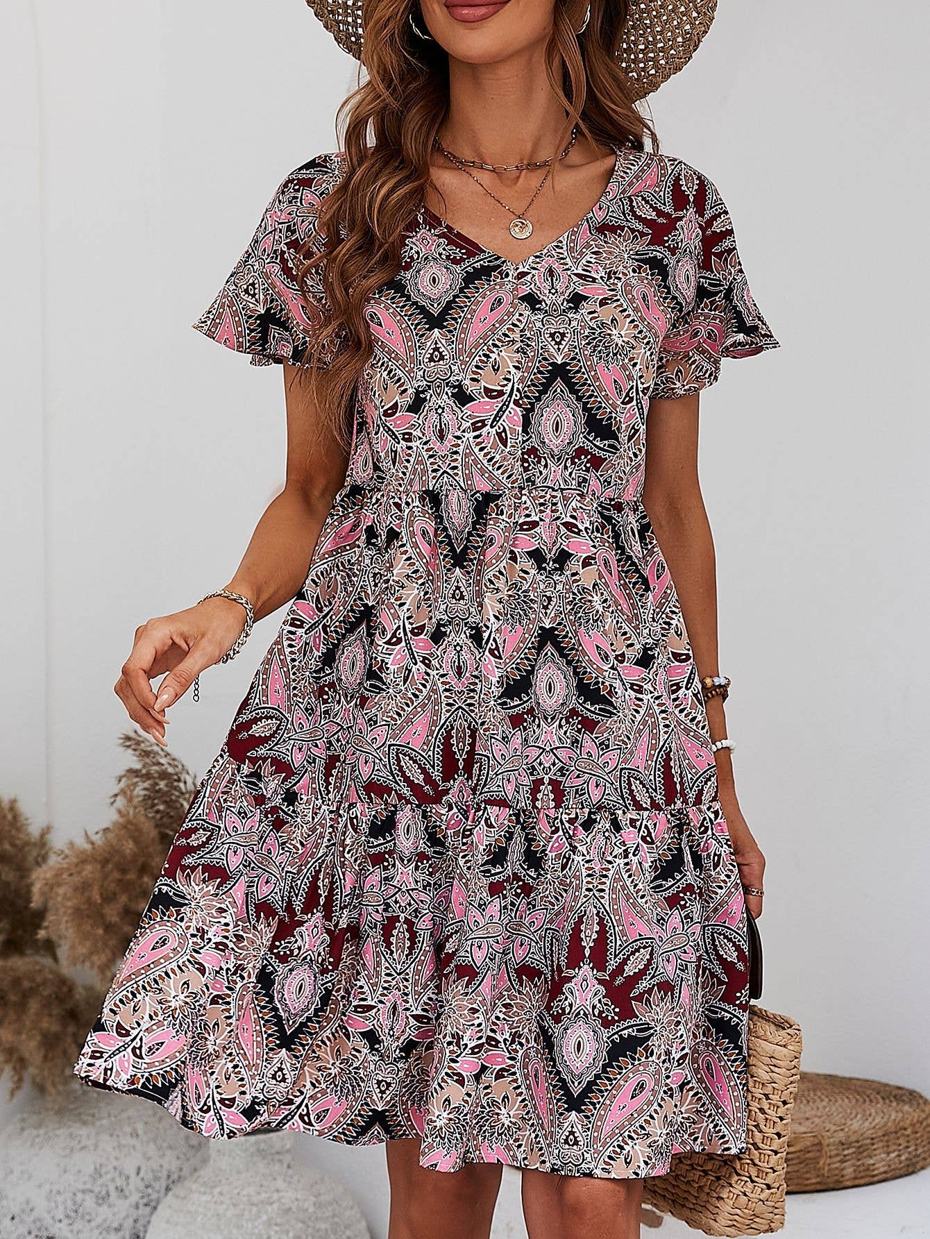 V-neck casual holiday print lotus sleeves dress