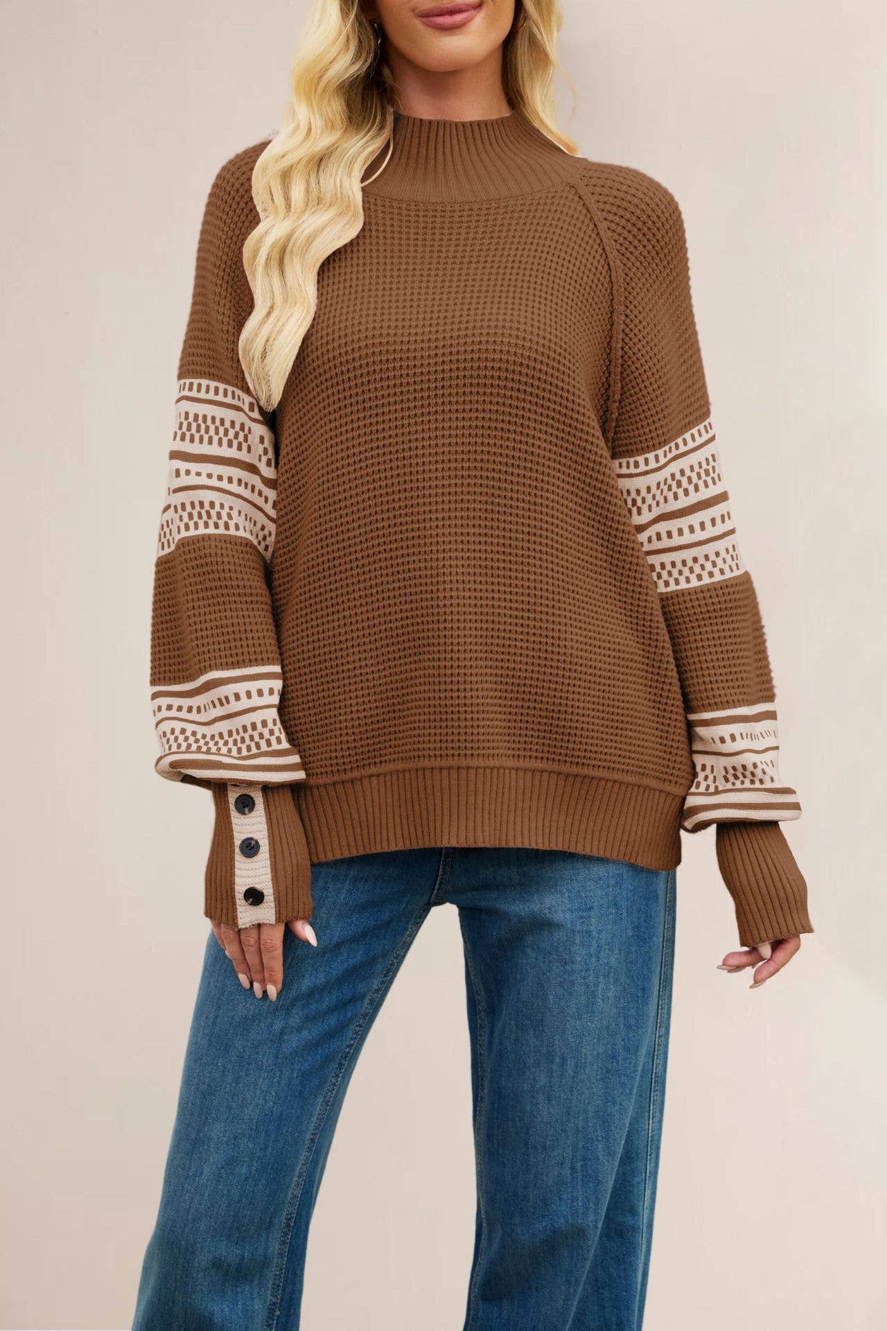 Knitted color-blocked semi-high-neck sweater