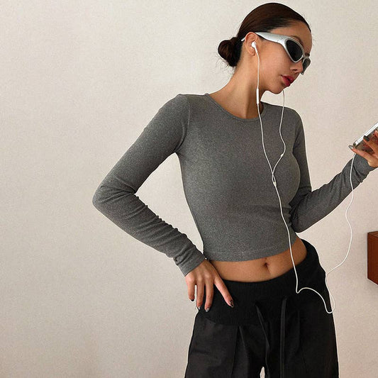 ROUND NECK LONG SLEEVE CASUAL SOLID COLOR TOP