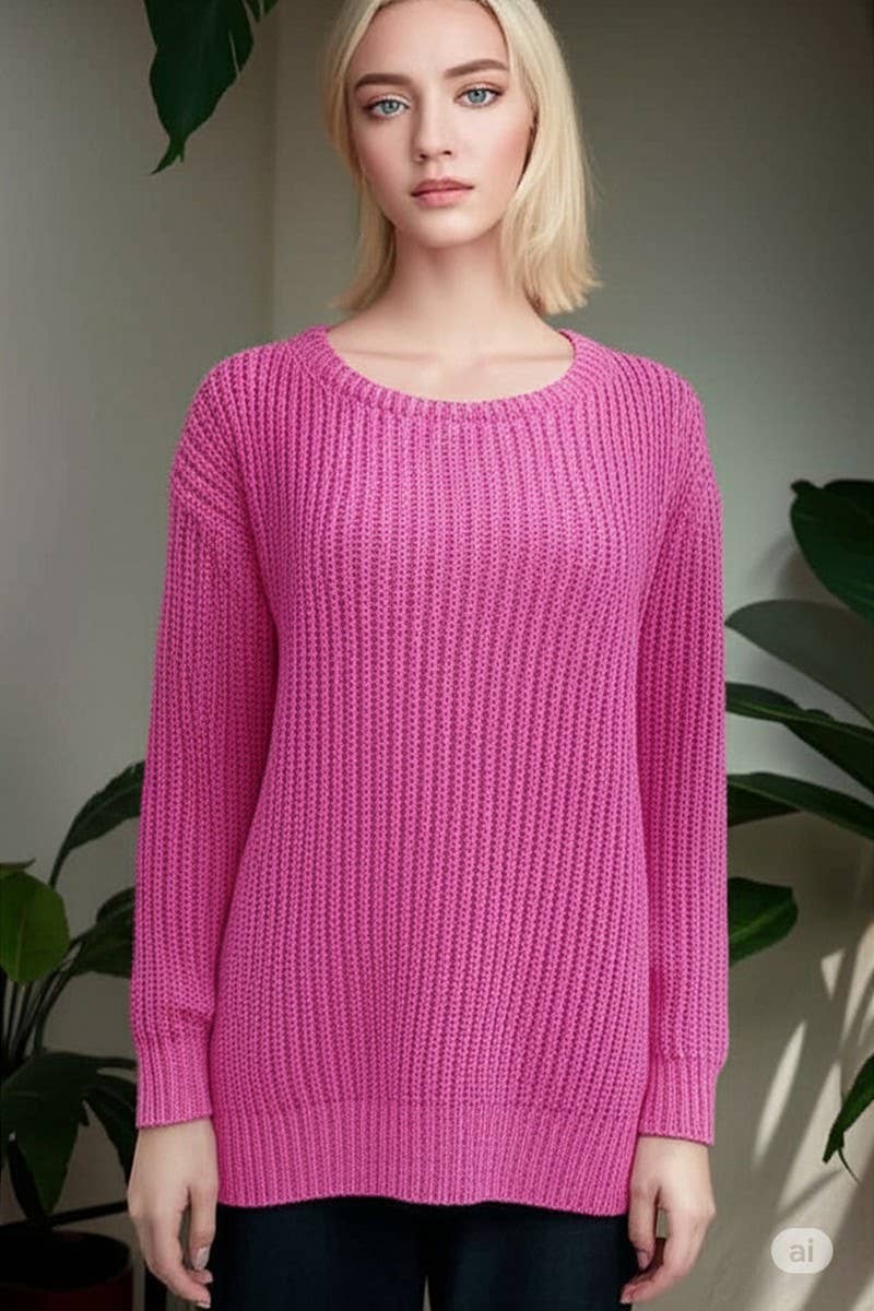 CWOSWL07669_SOLID COLOR ROUND NECK LOOSE PULLOVER SWEATER