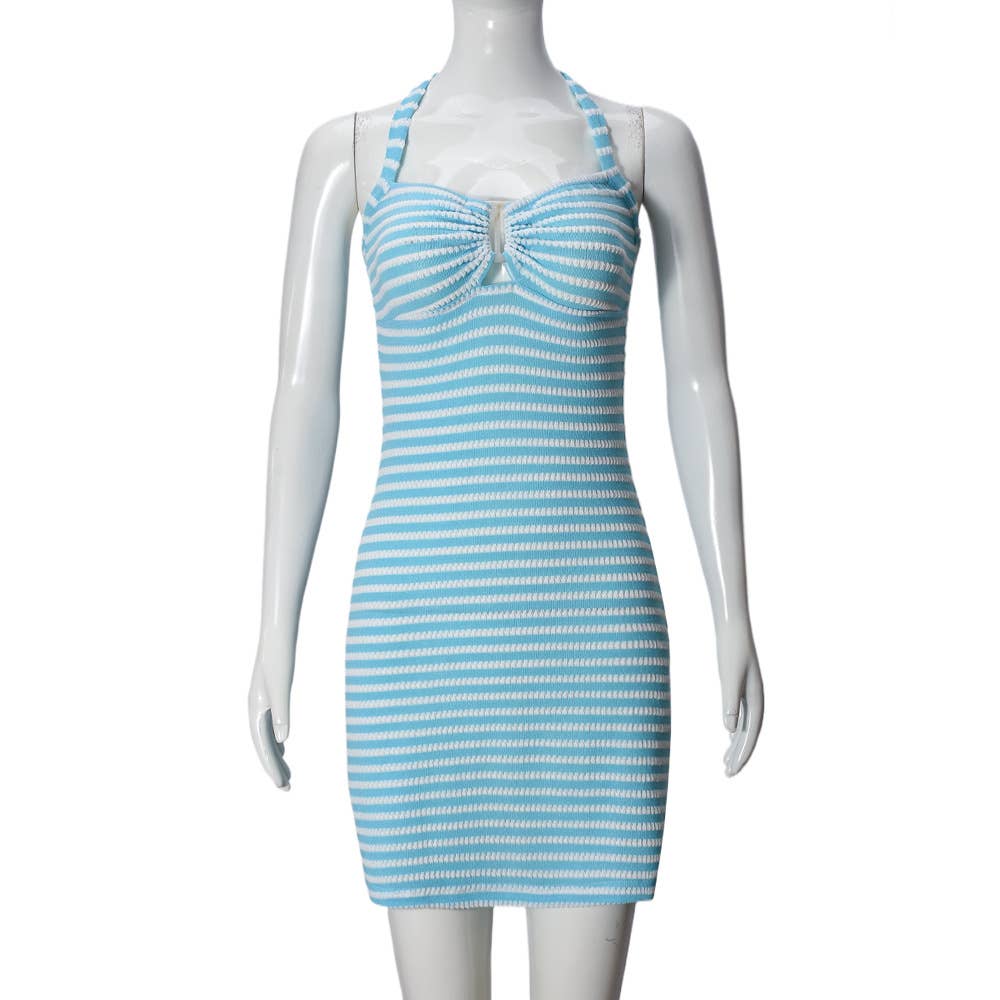 Wraps the hips contrasting color striped dress