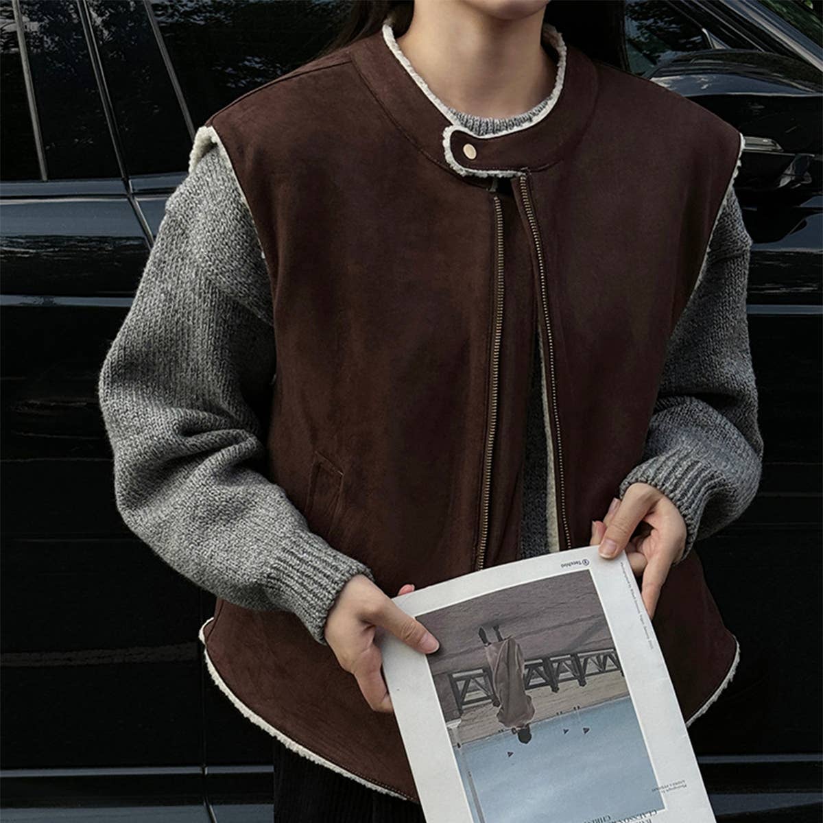 Suede lamb wool patchwork vest