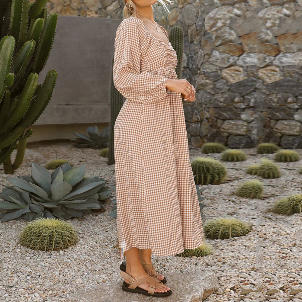 Square collar plaid loose swing mid-length dress