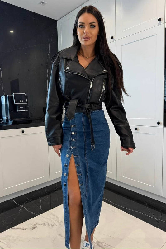 CWBMS0450_HIGH WAIST BUTTON SPLIT BODYCON DENIM SKIRT