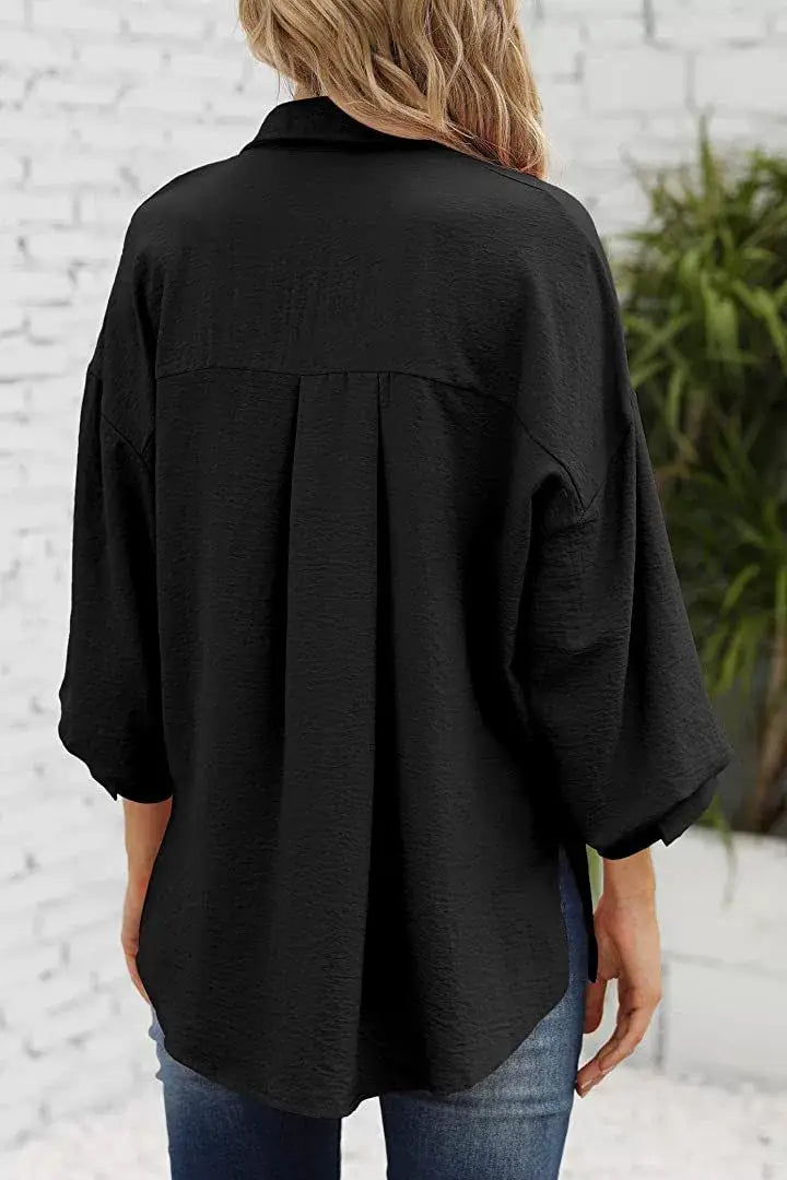 LANTERN SLEEVE BUTTON V-NECK CHIFFON CASUAL SHIRT