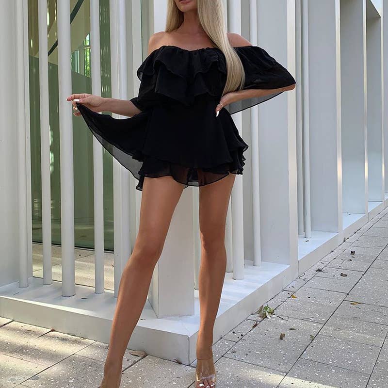 Off-shoulder sleeveless ruffle mini chiffon dress