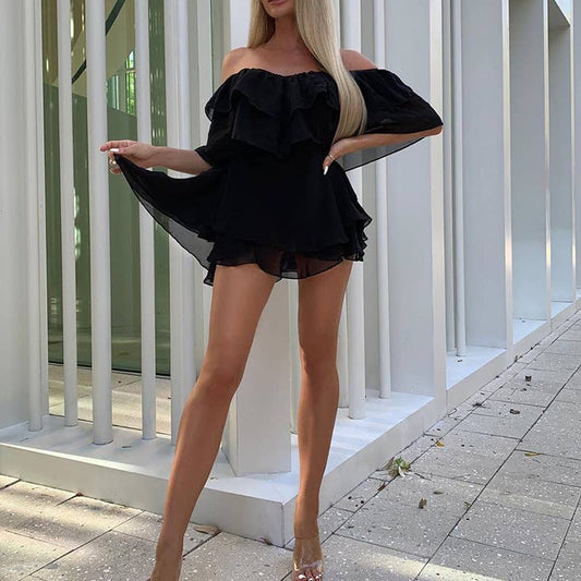 Off-shoulder sleeveless ruffle mini chiffon dress