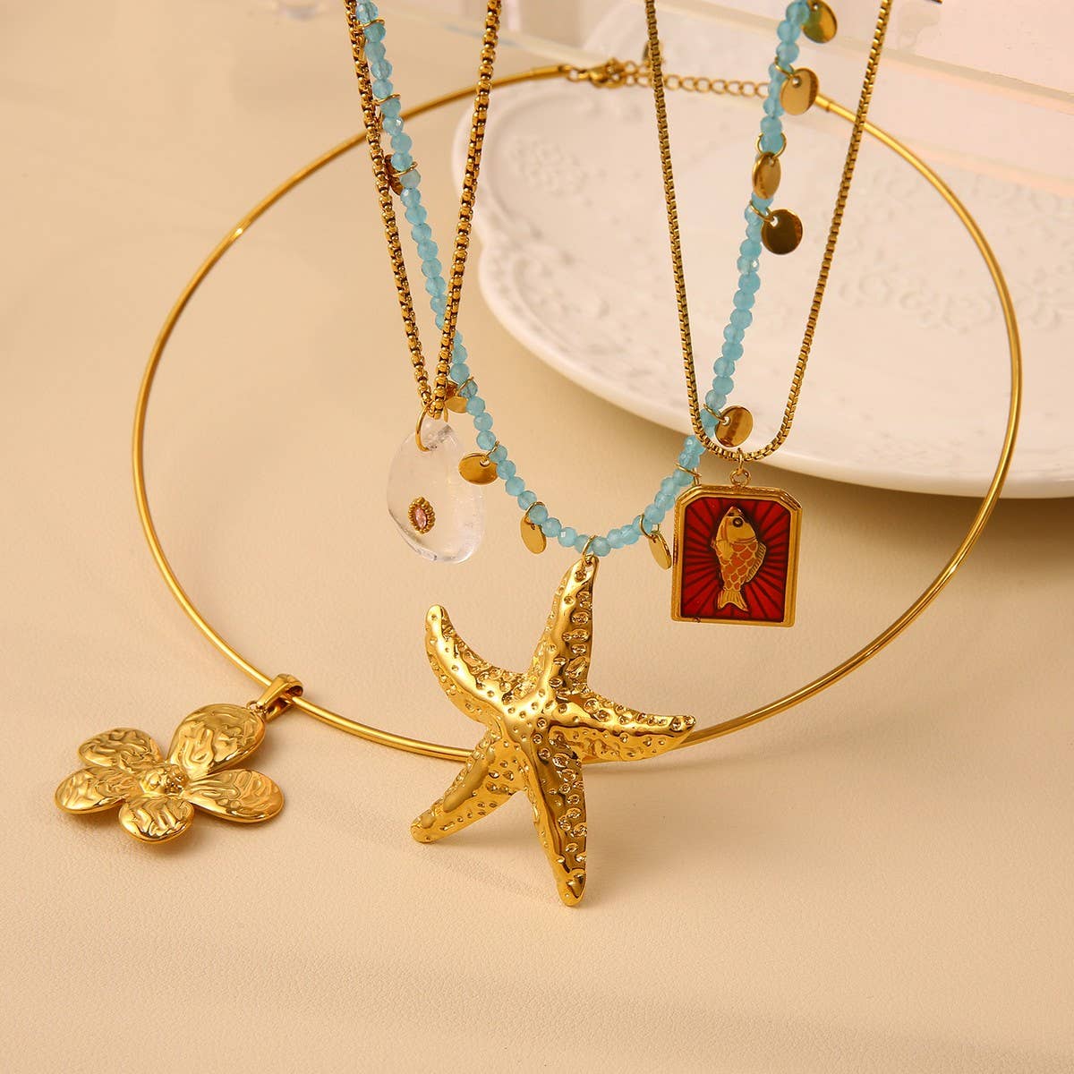 Ocean Style Flower Necklace with Starfish Charm_CWMM8825
