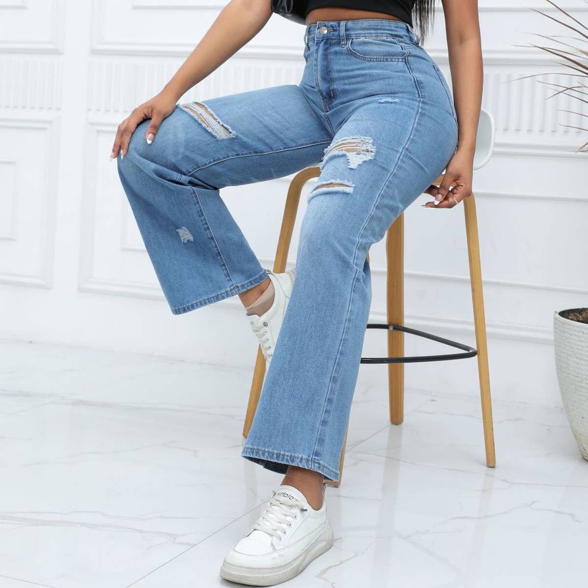 WOMENS WASHED HOLE BELL BOTTOMED PANTS JEANS_CWJP0166