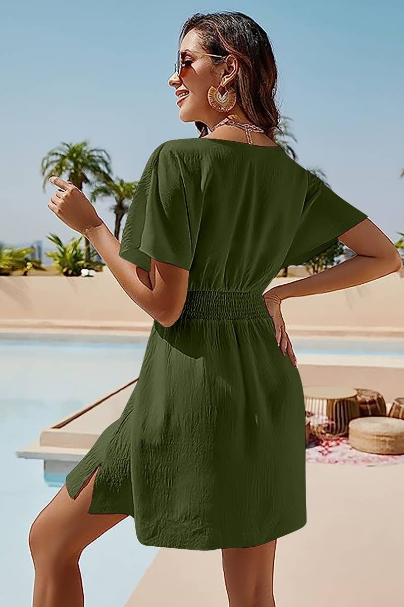 CWDSD3629_CASUAL V-NECK PLEATED SHORT DRESS