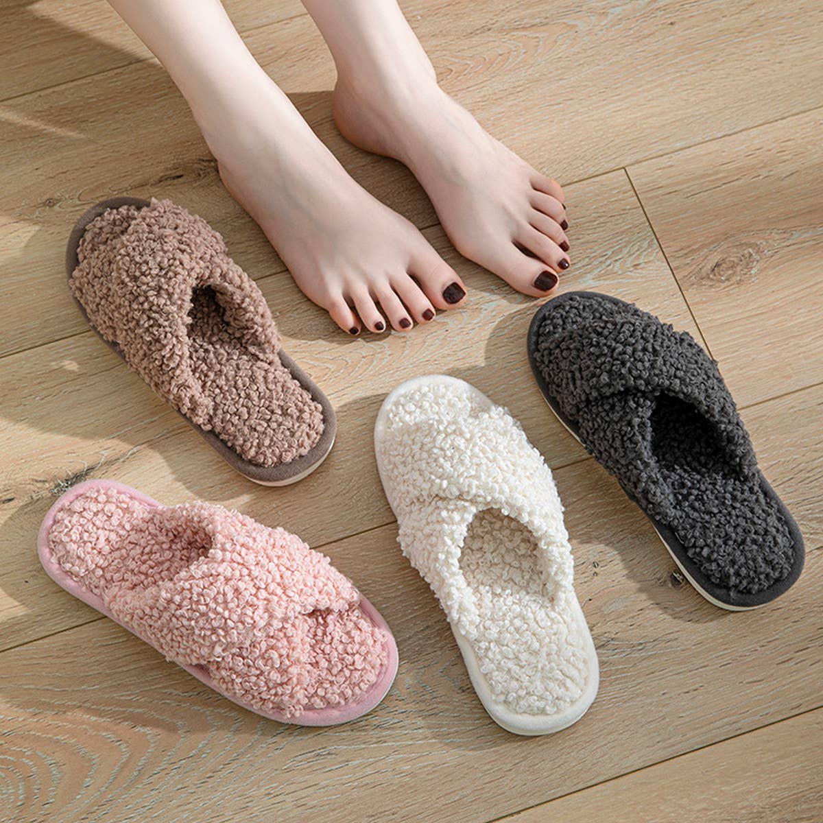 FURRY CROSS STRAP COTTON SLIPPERS