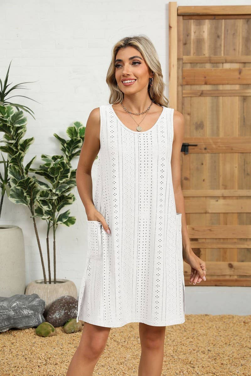 CWDHL01118_SOLID COLOR LOOSE SLEEVELESS POCKET DRESS