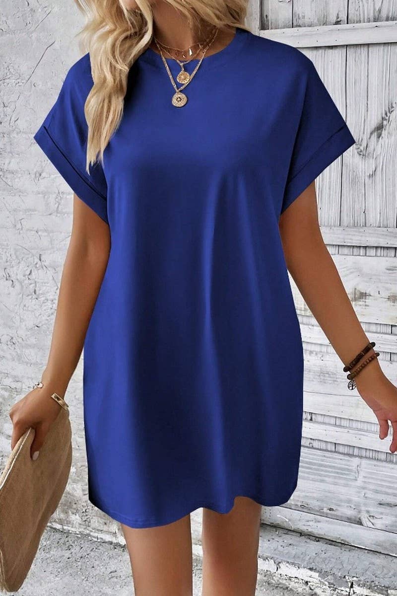 CWDSD3628_SOLID COLOR ROUND NECK LOOSE POCKET SHORT DRESS