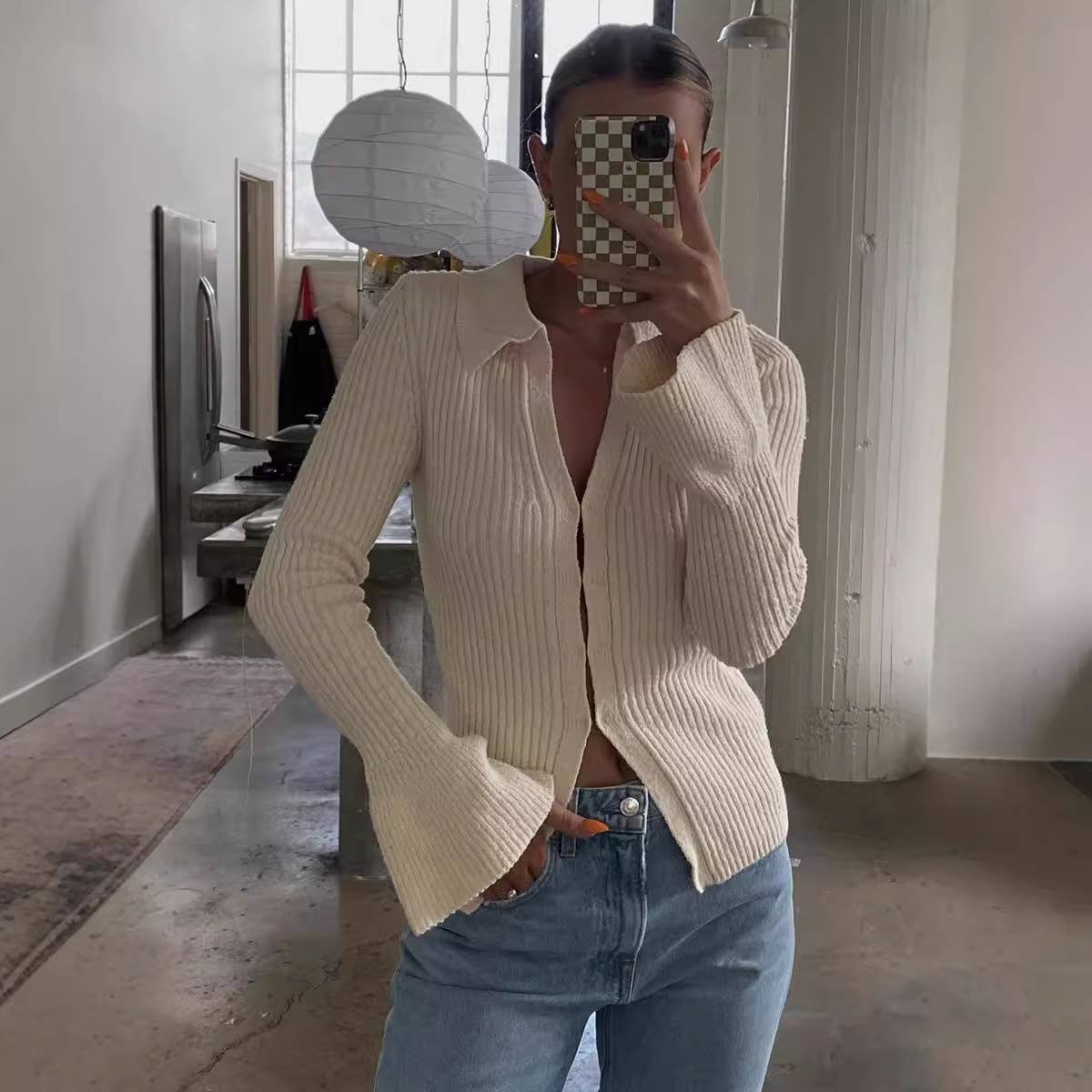 Flared sleeve sexy solid color sweater