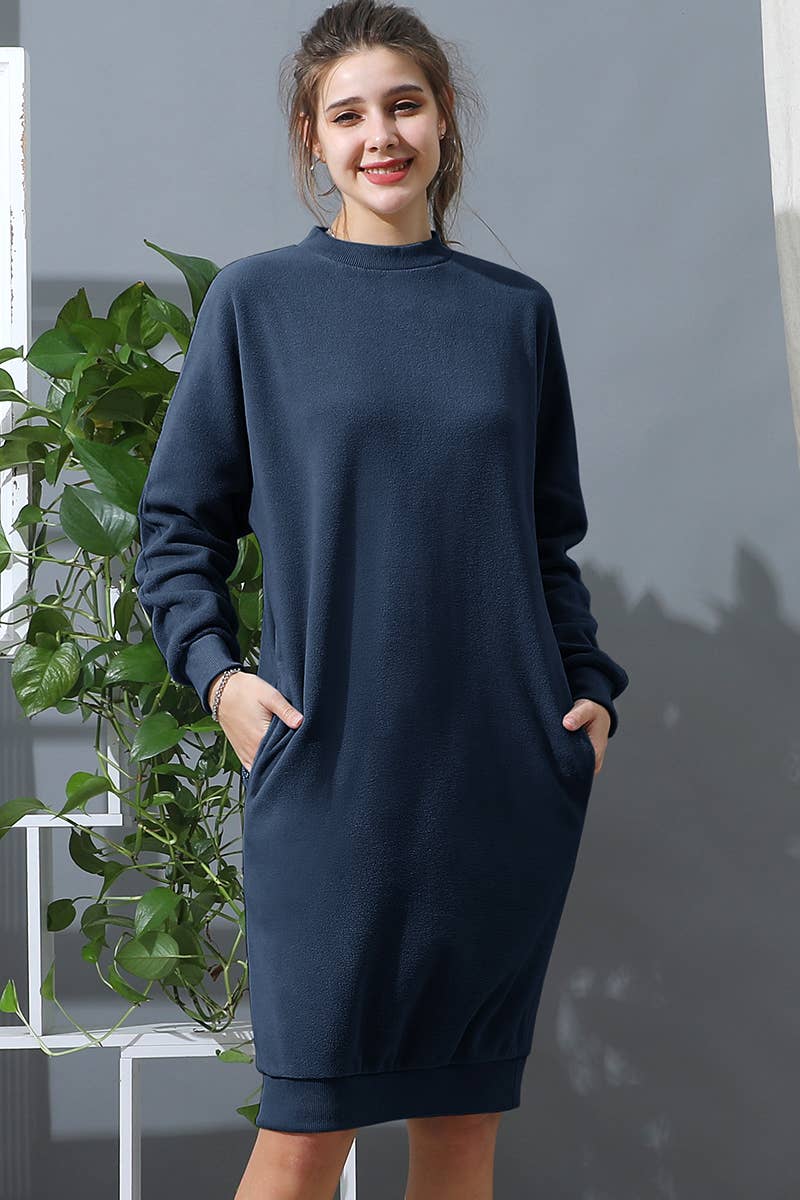 CWDMD793_R NECK FLEECE PULLOVER DRESS WITH SIDE POCKETS