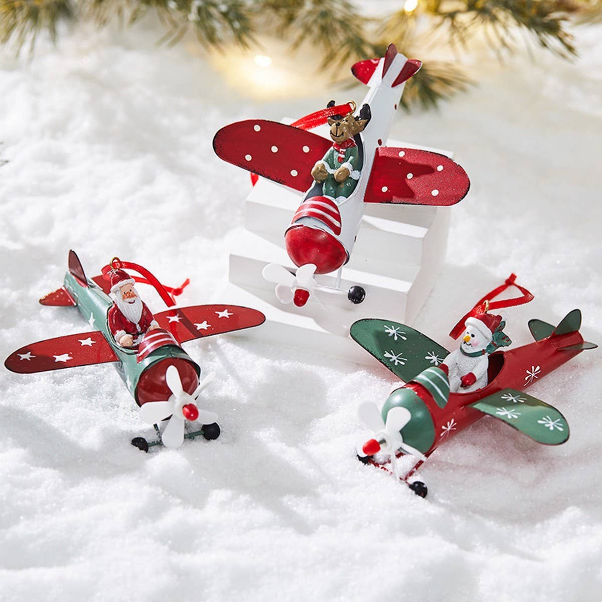 CWMM10418_CHRISTMAS METAL ORNAMENTS AIRPLANE SNOWMAN REINDEE