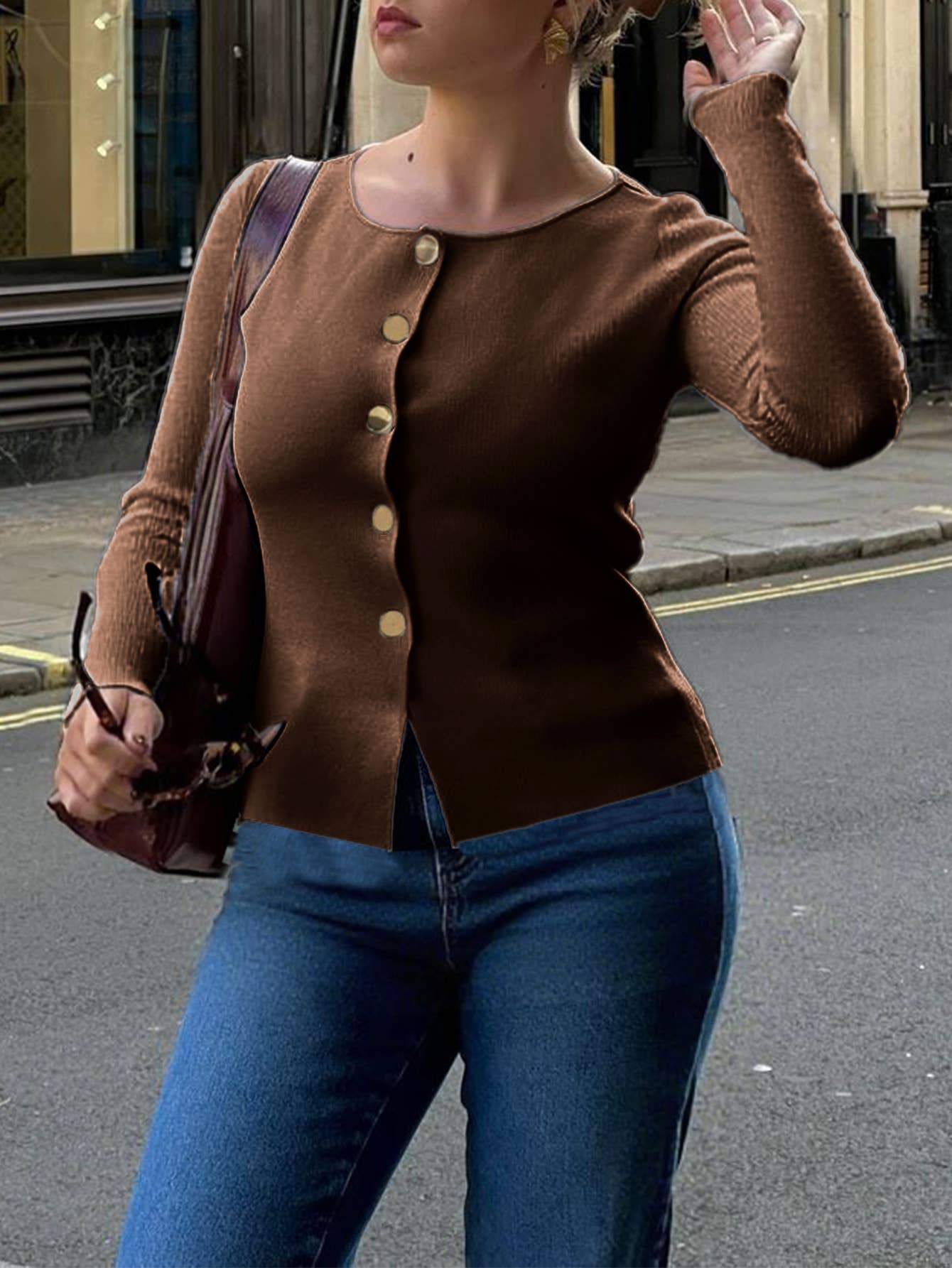 Simple long-sleeved single-breasted cardigan