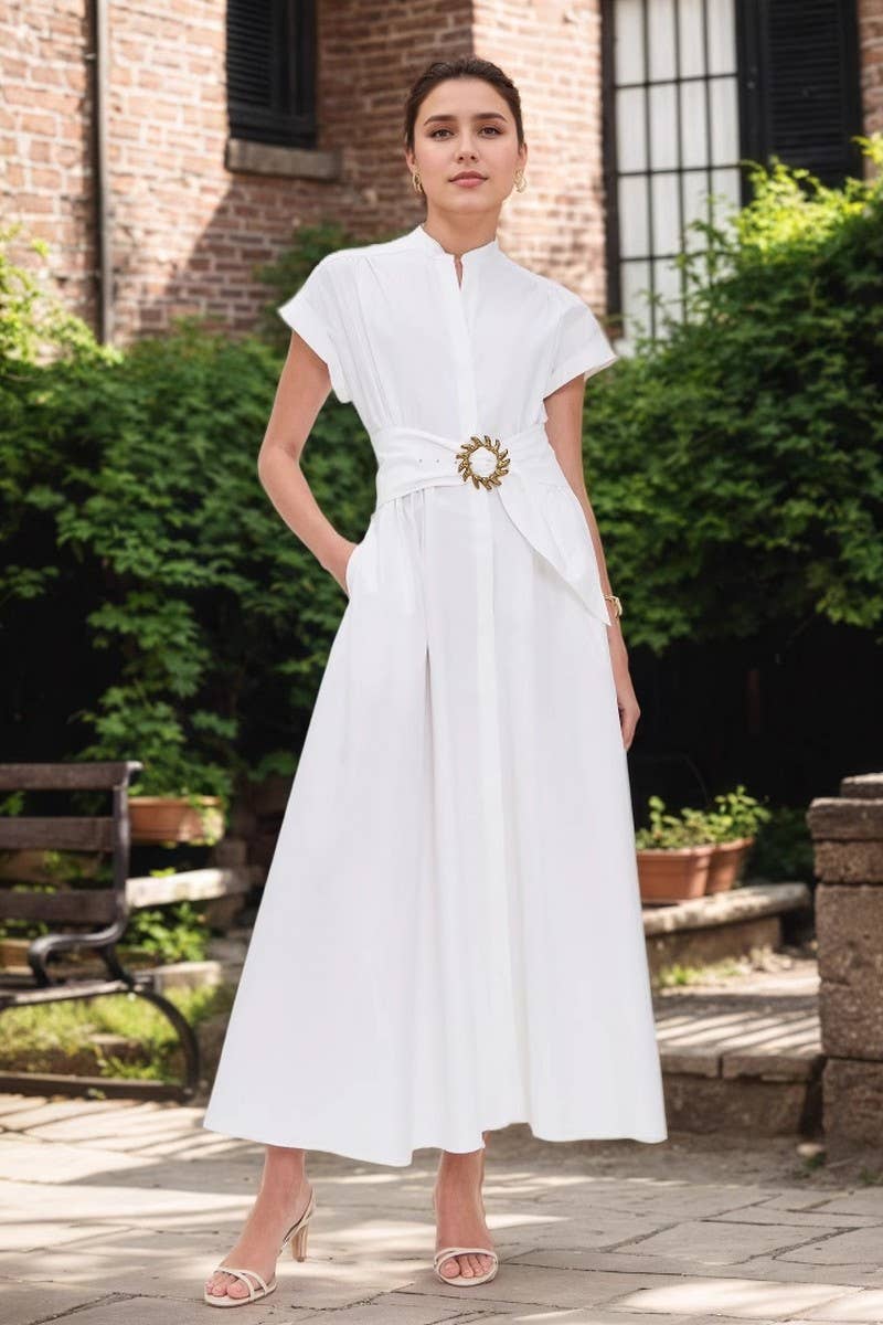 CWDMD6357_STAND COLLAR METALLIC BELTED WAIST TIE MAXI DRESS