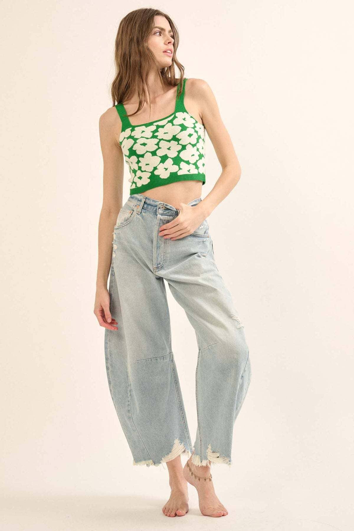 Sexy midriff jacquard back knit camisole tank top